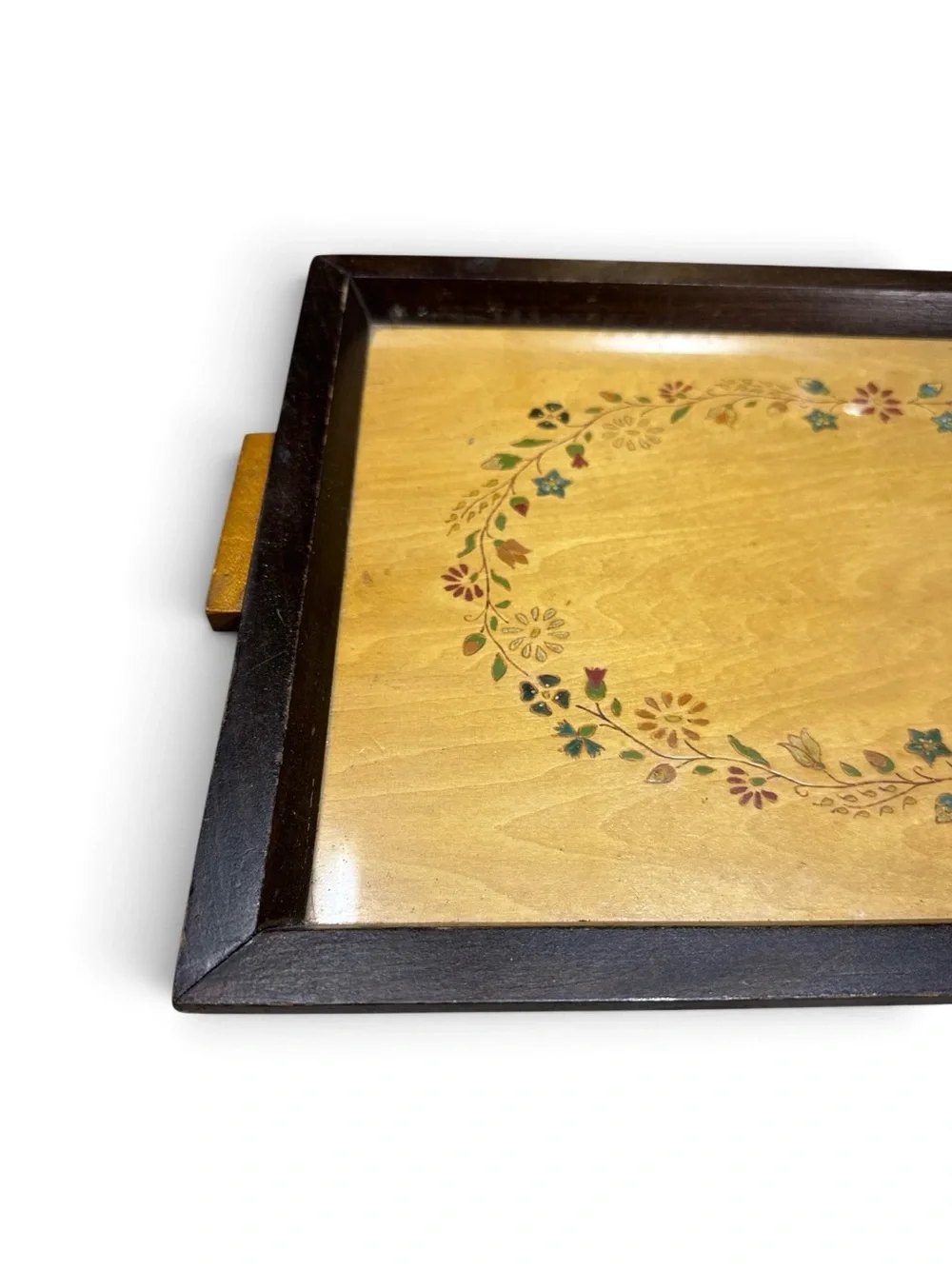 Vintage 1941 Handmade Wooden Serving Tray Floral Inlay Folk Art Rectangular